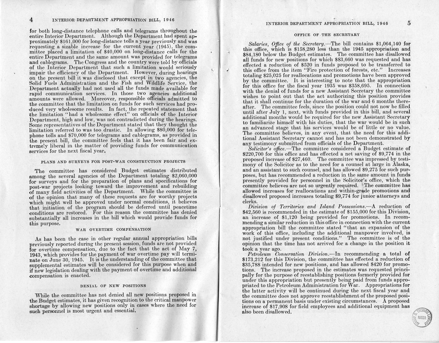 Memorandum from Harold D. Smith to M. C. Latta, H.R. 3024, Making Appropriations for the Department of the Interior for the Fiscal Year Ending June 30, 1946, with Attachments