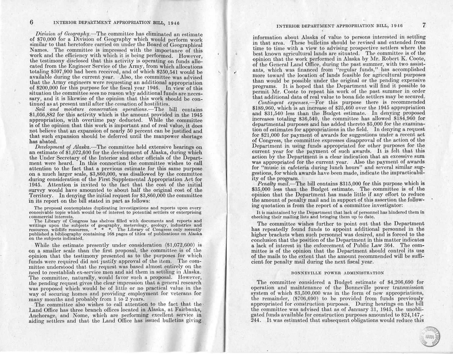 Memorandum from Harold D. Smith to M. C. Latta, H.R. 3024, Making Appropriations for the Department of the Interior for the Fiscal Year Ending June 30, 1946, with Attachments