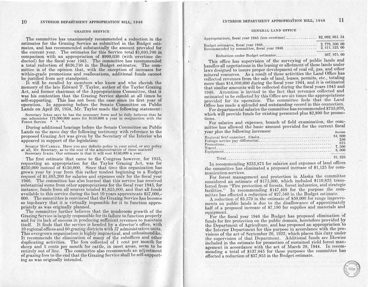 Memorandum from Harold D. Smith to M. C. Latta, H.R. 3024, Making Appropriations for the Department of the Interior for the Fiscal Year Ending June 30, 1946, with Attachments