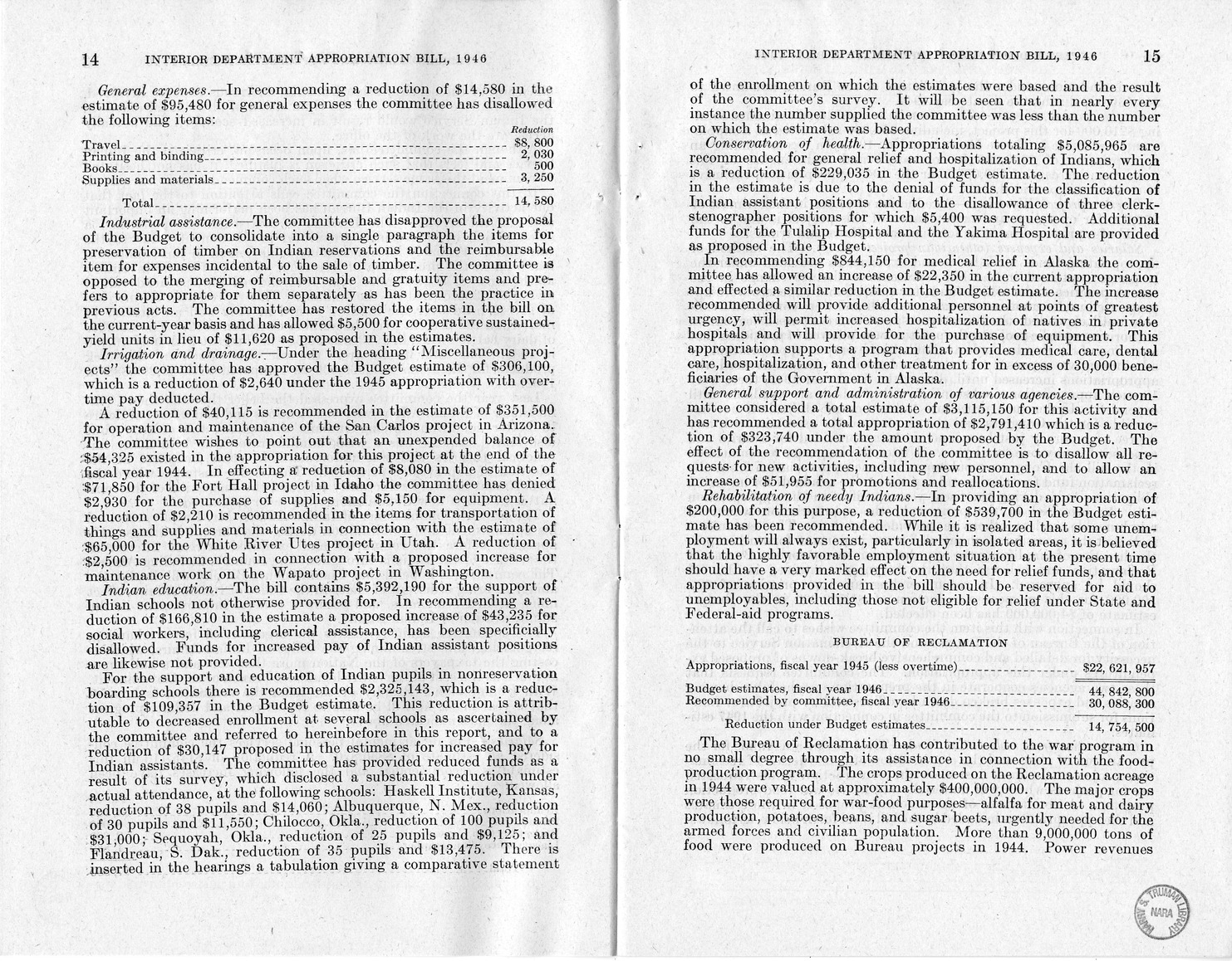 Memorandum from Harold D. Smith to M. C. Latta, H.R. 3024, Making Appropriations for the Department of the Interior for the Fiscal Year Ending June 30, 1946, with Attachments