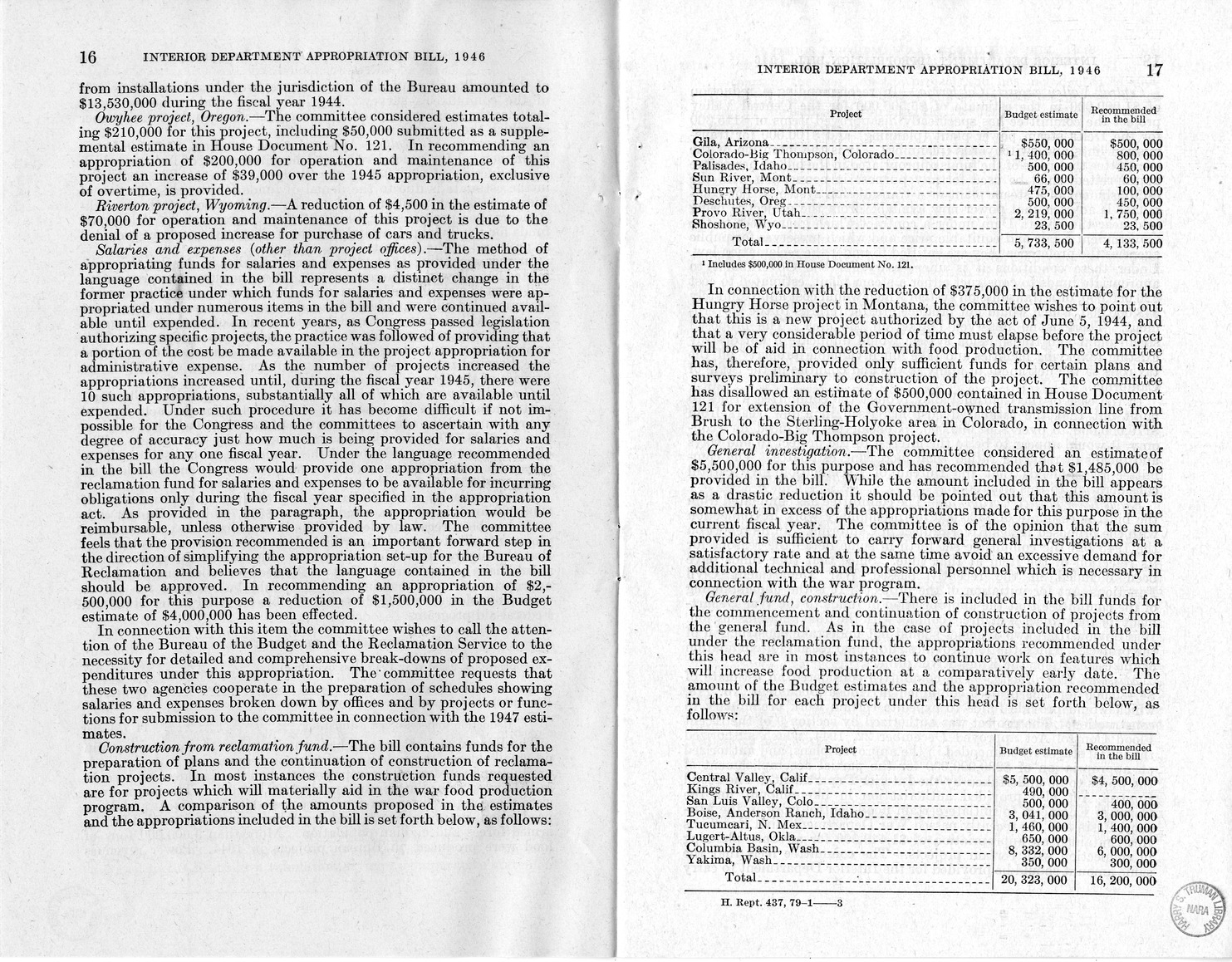 Memorandum from Harold D. Smith to M. C. Latta, H.R. 3024, Making Appropriations for the Department of the Interior for the Fiscal Year Ending June 30, 1946, with Attachments