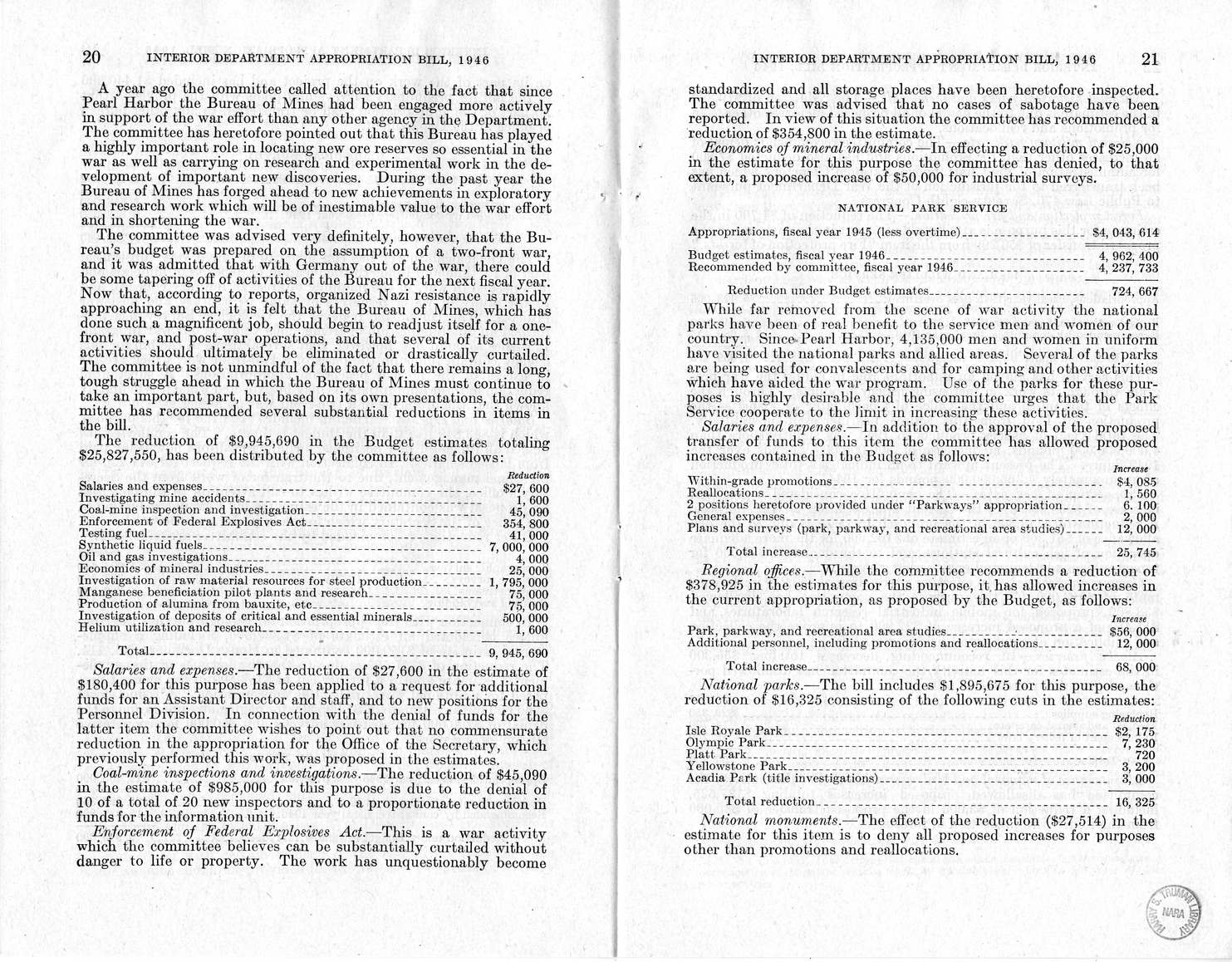 Memorandum from Harold D. Smith to M. C. Latta, H.R. 3024, Making Appropriations for the Department of the Interior for the Fiscal Year Ending June 30, 1946, with Attachments