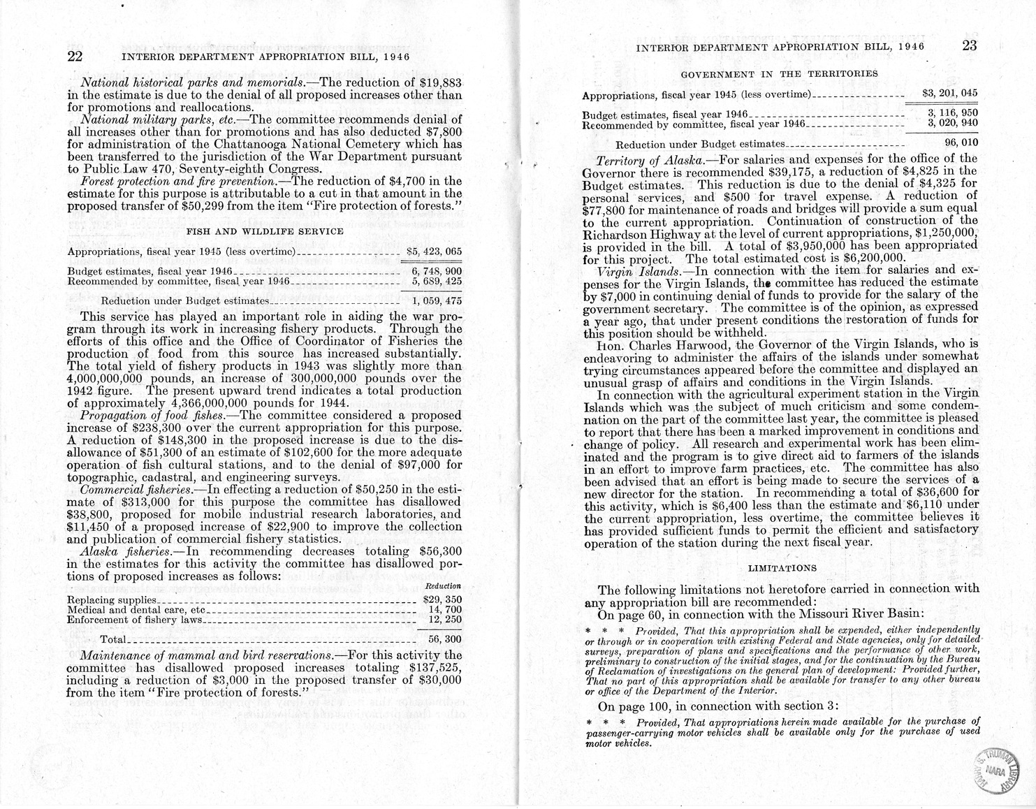 Memorandum from Harold D. Smith to M. C. Latta, H.R. 3024, Making Appropriations for the Department of the Interior for the Fiscal Year Ending June 30, 1946, with Attachments