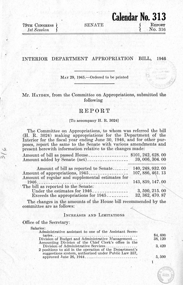 Memorandum from Harold D. Smith to M. C. Latta, H.R. 3024, Making Appropriations for the Department of the Interior for the Fiscal Year Ending June 30, 1946, with Attachments