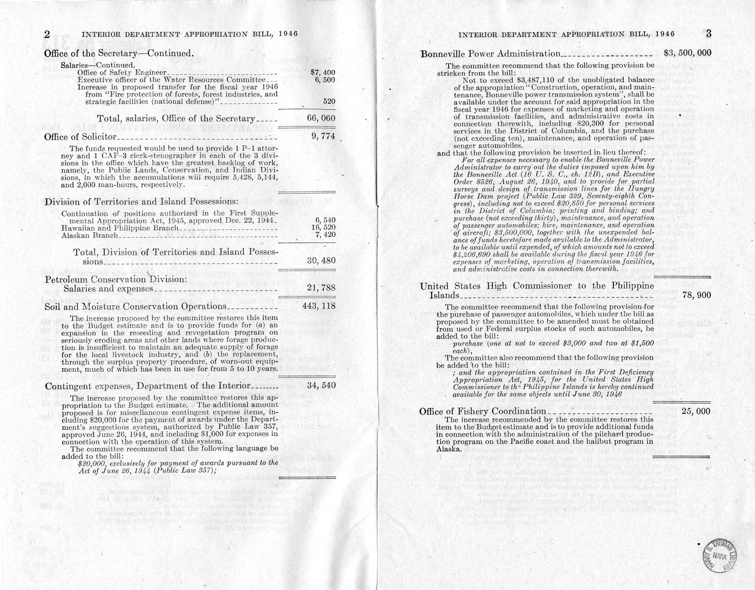 Memorandum from Harold D. Smith to M. C. Latta, H.R. 3024, Making Appropriations for the Department of the Interior for the Fiscal Year Ending June 30, 1946, with Attachments