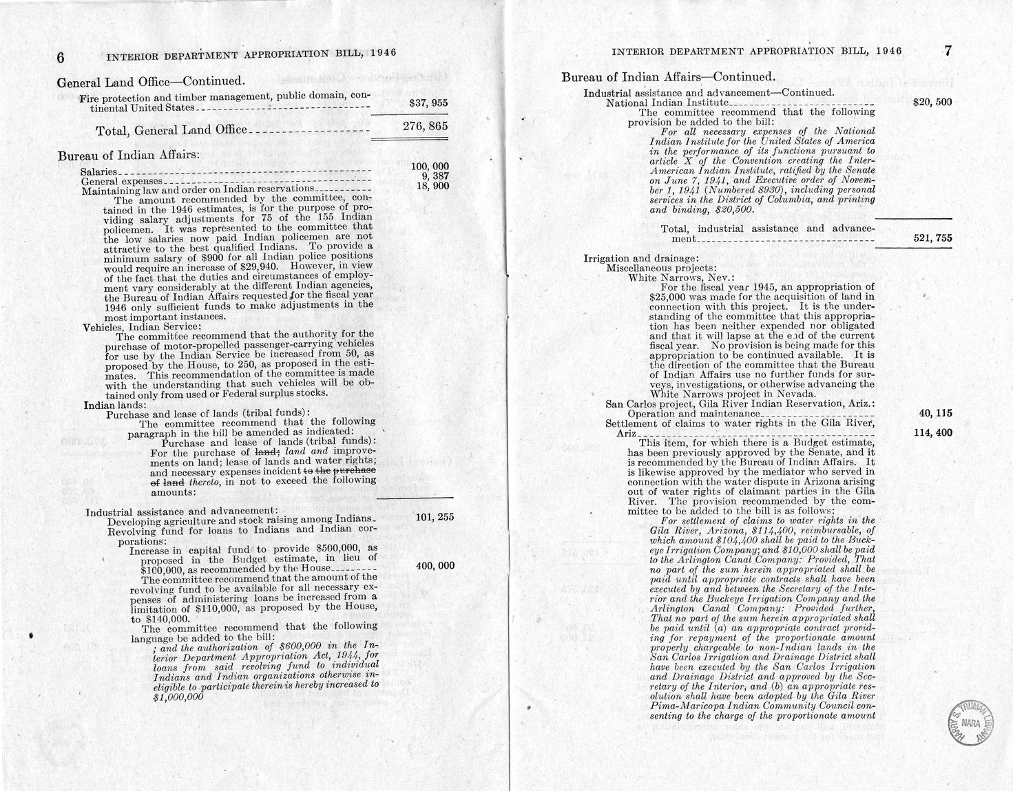 Memorandum from Harold D. Smith to M. C. Latta, H.R. 3024, Making Appropriations for the Department of the Interior for the Fiscal Year Ending June 30, 1946, with Attachments