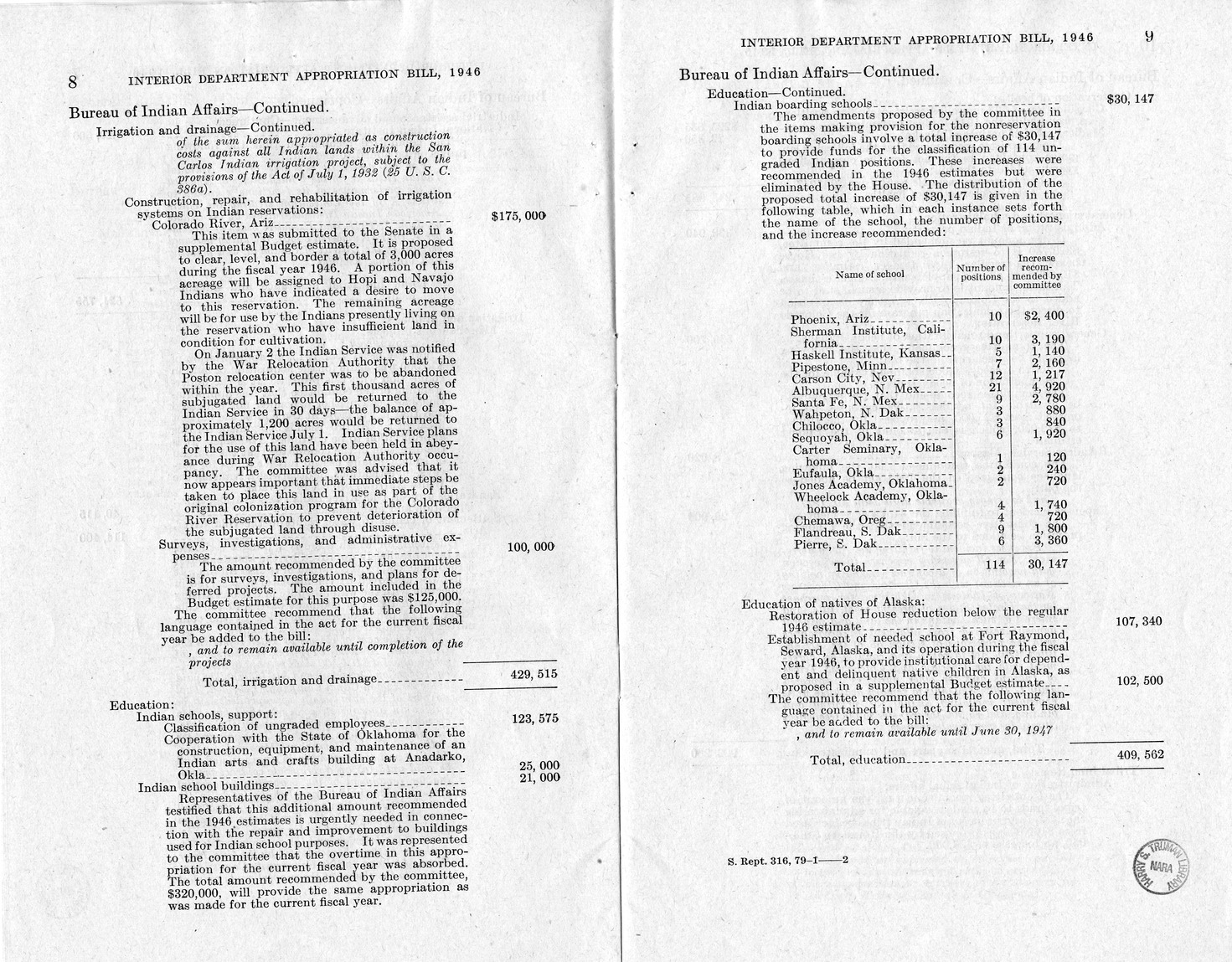 Memorandum from Harold D. Smith to M. C. Latta, H.R. 3024, Making Appropriations for the Department of the Interior for the Fiscal Year Ending June 30, 1946, with Attachments