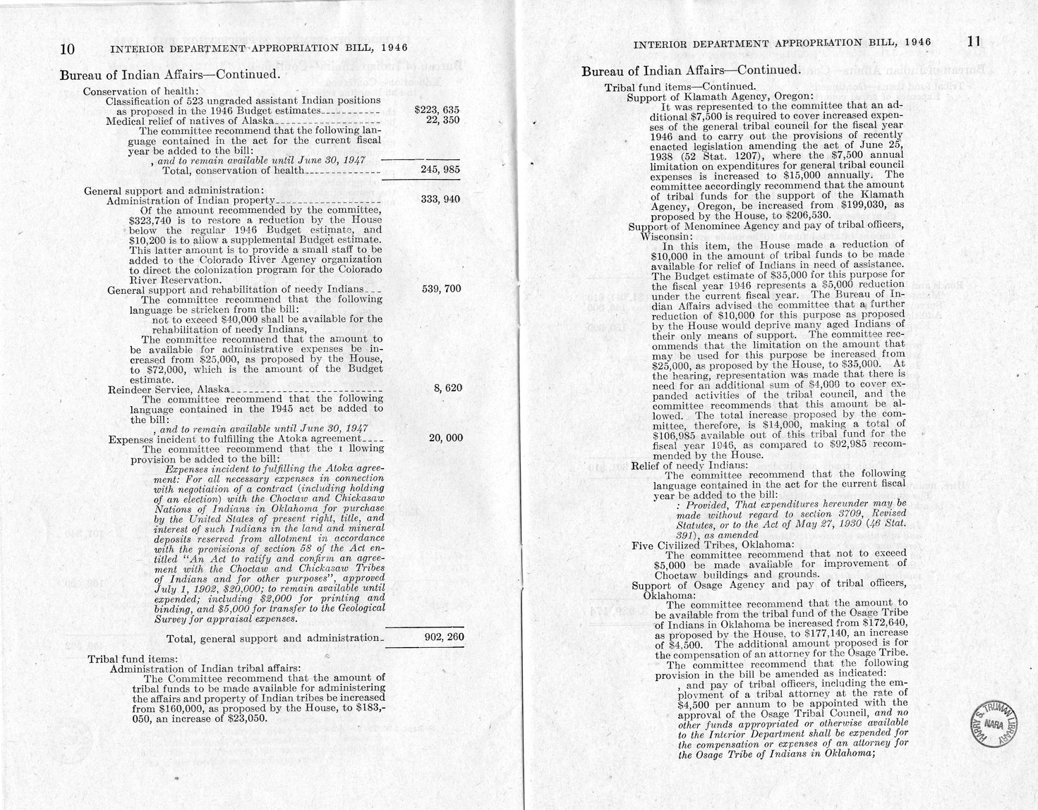 Memorandum from Harold D. Smith to M. C. Latta, H.R. 3024, Making Appropriations for the Department of the Interior for the Fiscal Year Ending June 30, 1946, with Attachments