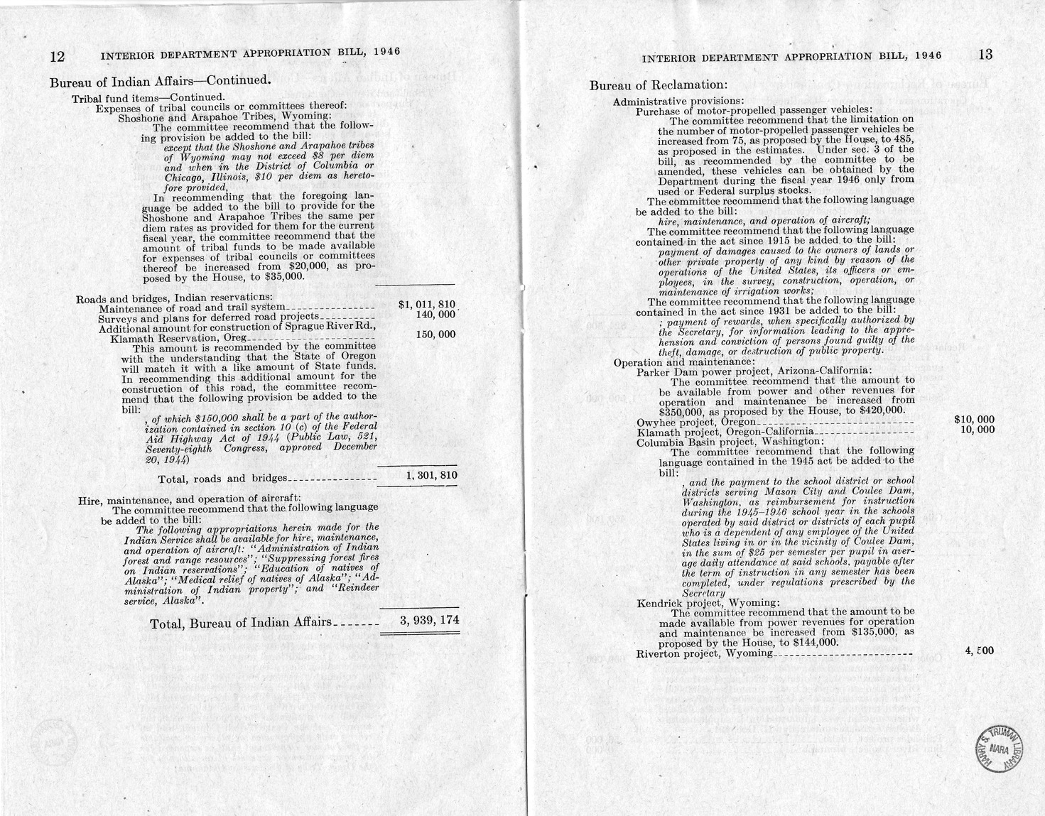 Memorandum from Harold D. Smith to M. C. Latta, H.R. 3024, Making Appropriations for the Department of the Interior for the Fiscal Year Ending June 30, 1946, with Attachments