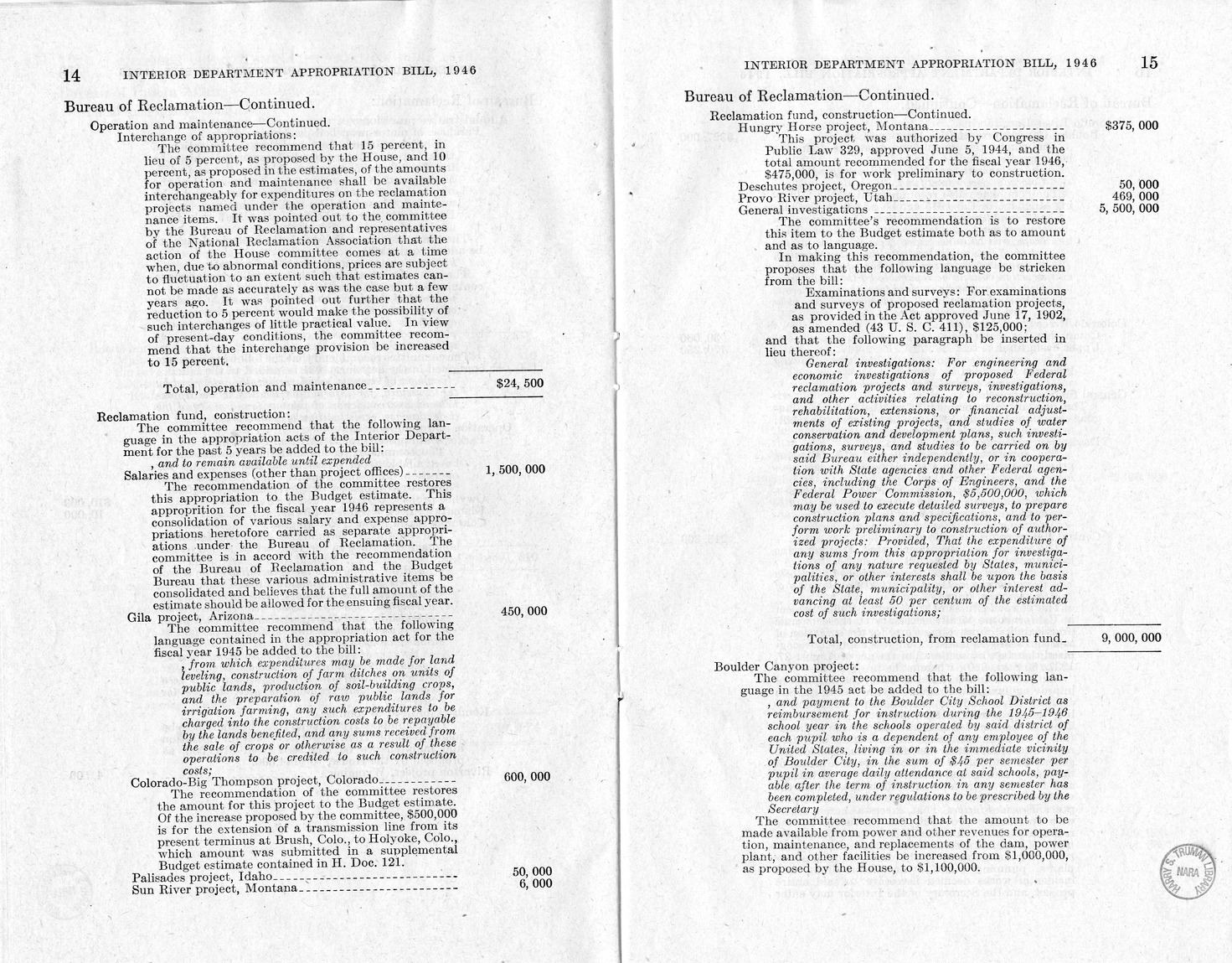 Memorandum from Harold D. Smith to M. C. Latta, H.R. 3024, Making Appropriations for the Department of the Interior for the Fiscal Year Ending June 30, 1946, with Attachments