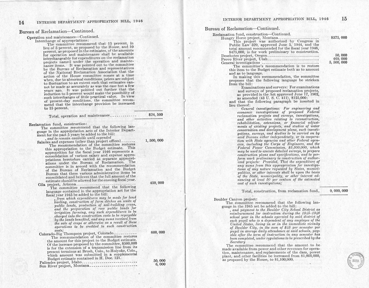 Memorandum from Harold D. Smith to M. C. Latta, H.R. 3024, Making Appropriations for the Department of the Interior for the Fiscal Year Ending June 30, 1946, with Attachments