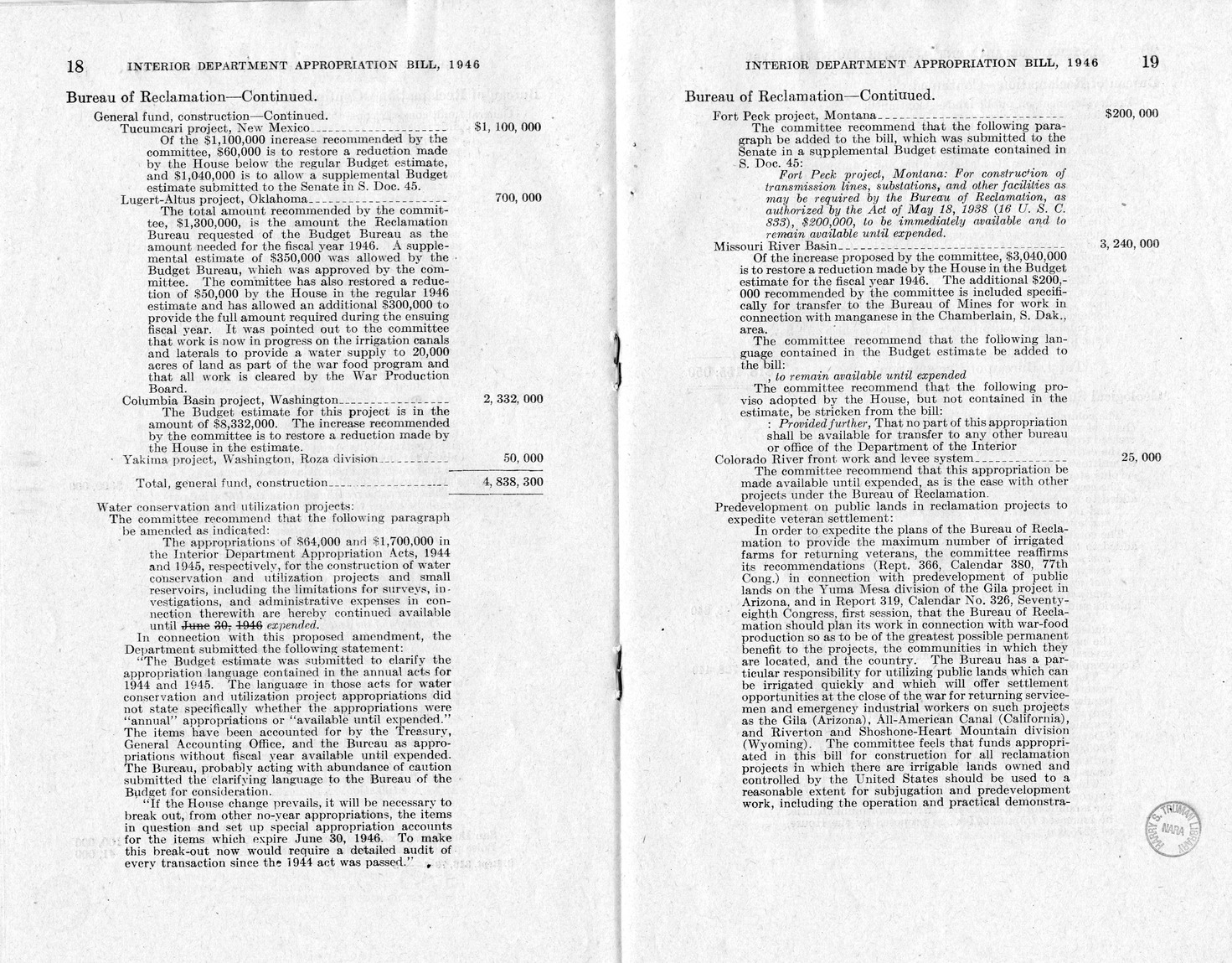 Memorandum from Harold D. Smith to M. C. Latta, H.R. 3024, Making Appropriations for the Department of the Interior for the Fiscal Year Ending June 30, 1946, with Attachments