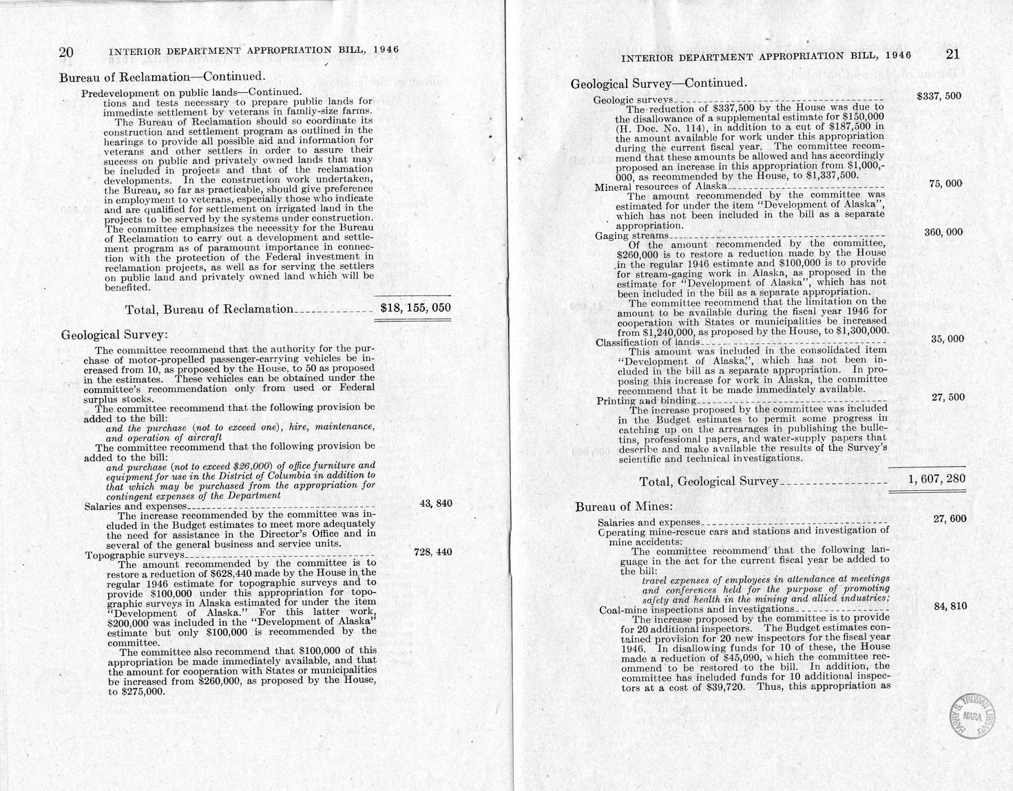 Memorandum from Harold D. Smith to M. C. Latta, H.R. 3024, Making Appropriations for the Department of the Interior for the Fiscal Year Ending June 30, 1946, with Attachments