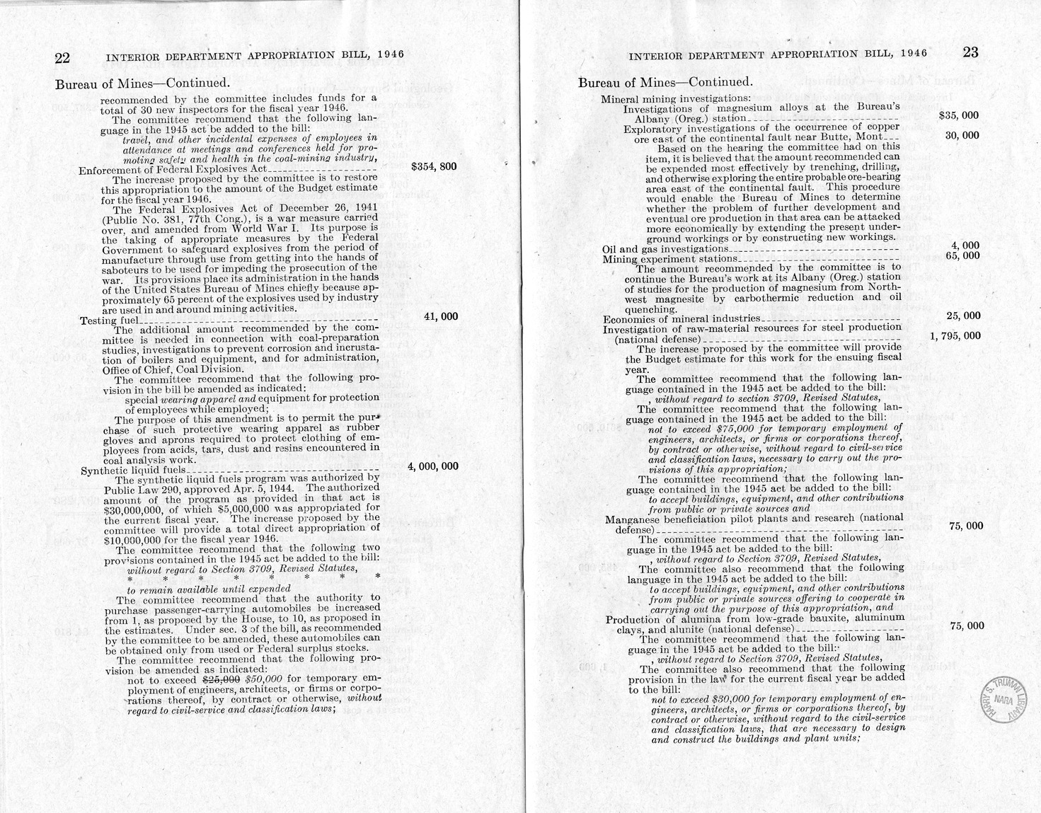 Memorandum from Harold D. Smith to M. C. Latta, H.R. 3024, Making Appropriations for the Department of the Interior for the Fiscal Year Ending June 30, 1946, with Attachments