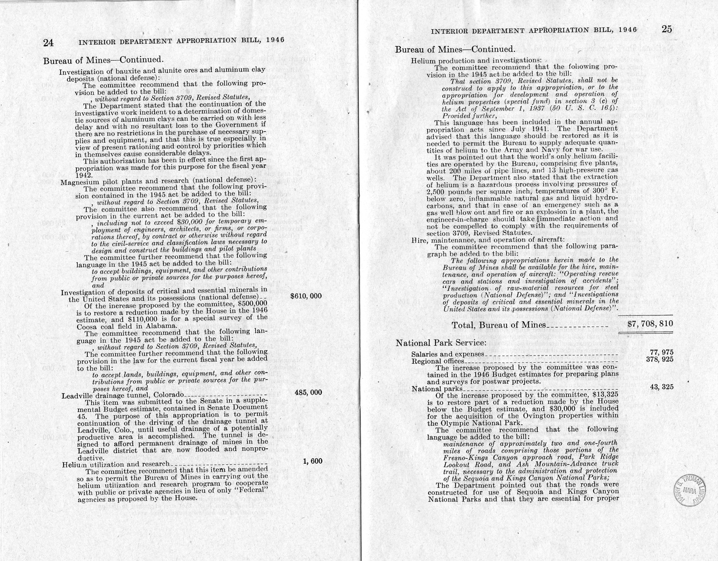 Memorandum from Harold D. Smith to M. C. Latta, H.R. 3024, Making Appropriations for the Department of the Interior for the Fiscal Year Ending June 30, 1946, with Attachments