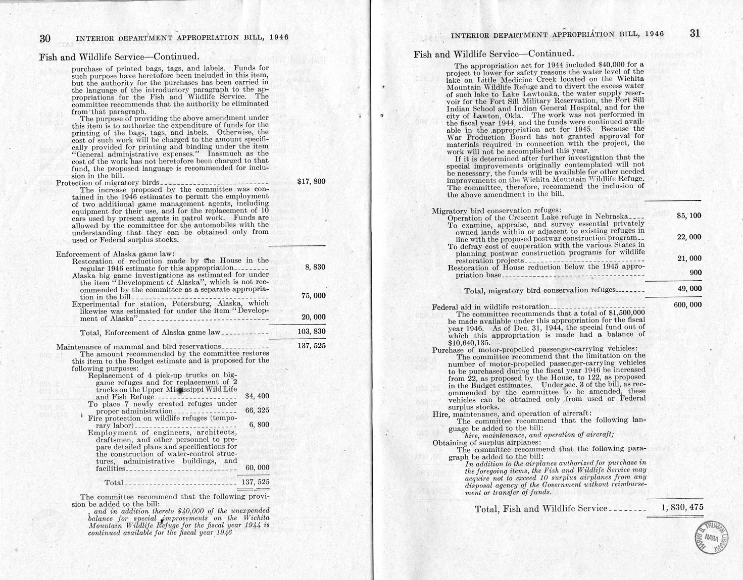 Memorandum from Harold D. Smith to M. C. Latta, H.R. 3024, Making Appropriations for the Department of the Interior for the Fiscal Year Ending June 30, 1946, with Attachments