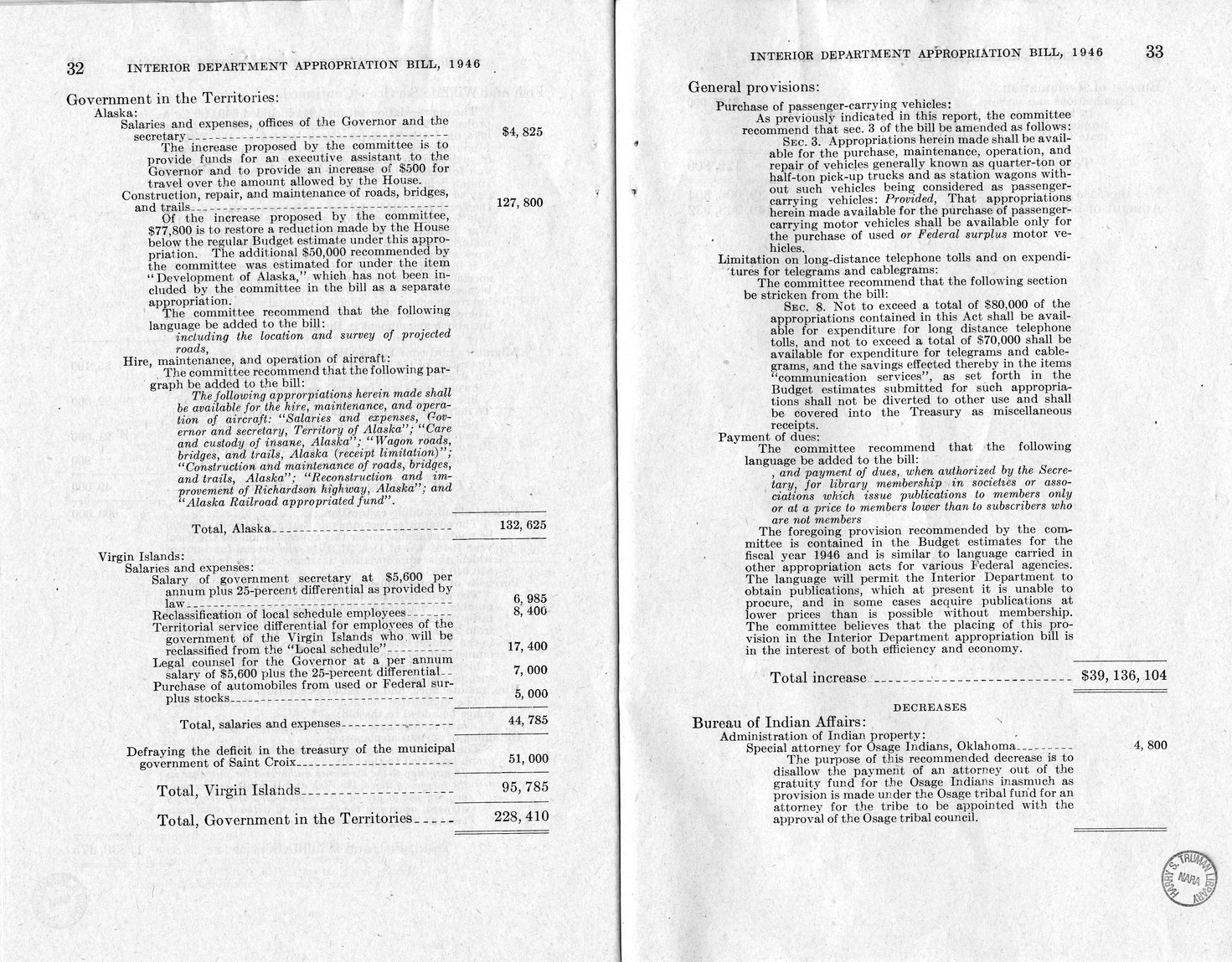 Memorandum from Harold D. Smith to M. C. Latta, H.R. 3024, Making Appropriations for the Department of the Interior for the Fiscal Year Ending June 30, 1946, with Attachments