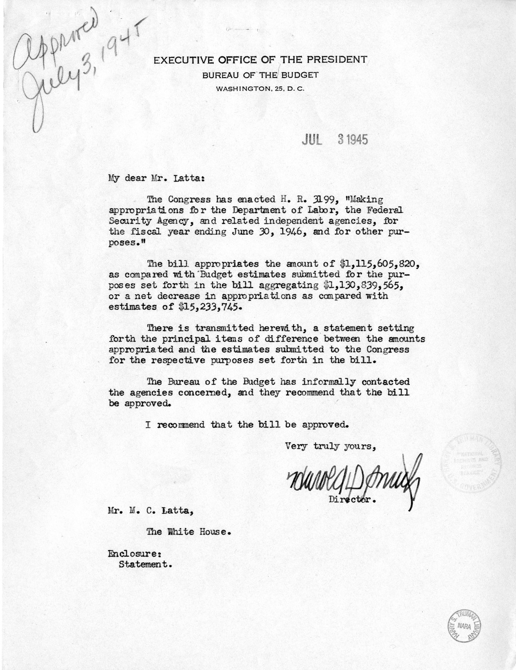 Memorandum from Harold D. Smith to M. C. Latta, H.R. 3199, Making Appropriations for the Department of Labor, the Federal Security Agency, and Related Independent Agencies, for the Fiscal Year Ending June 30, 1946, with Attachments