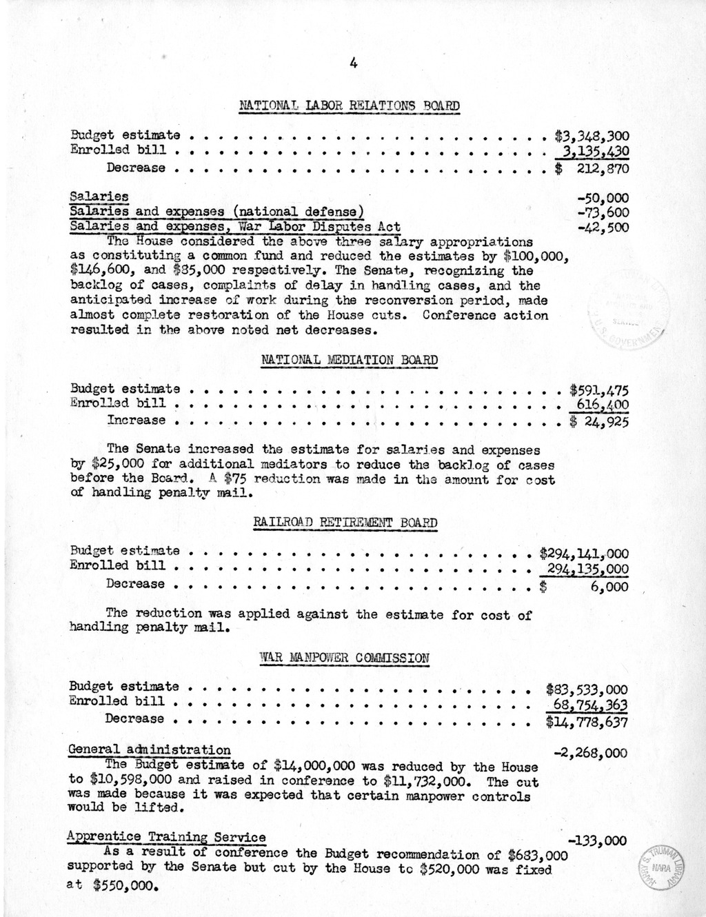 Memorandum from Harold D. Smith to M. C. Latta, H.R. 3199, Making Appropriations for the Department of Labor, the Federal Security Agency, and Related Independent Agencies, for the Fiscal Year Ending June 30, 1946, with Attachments