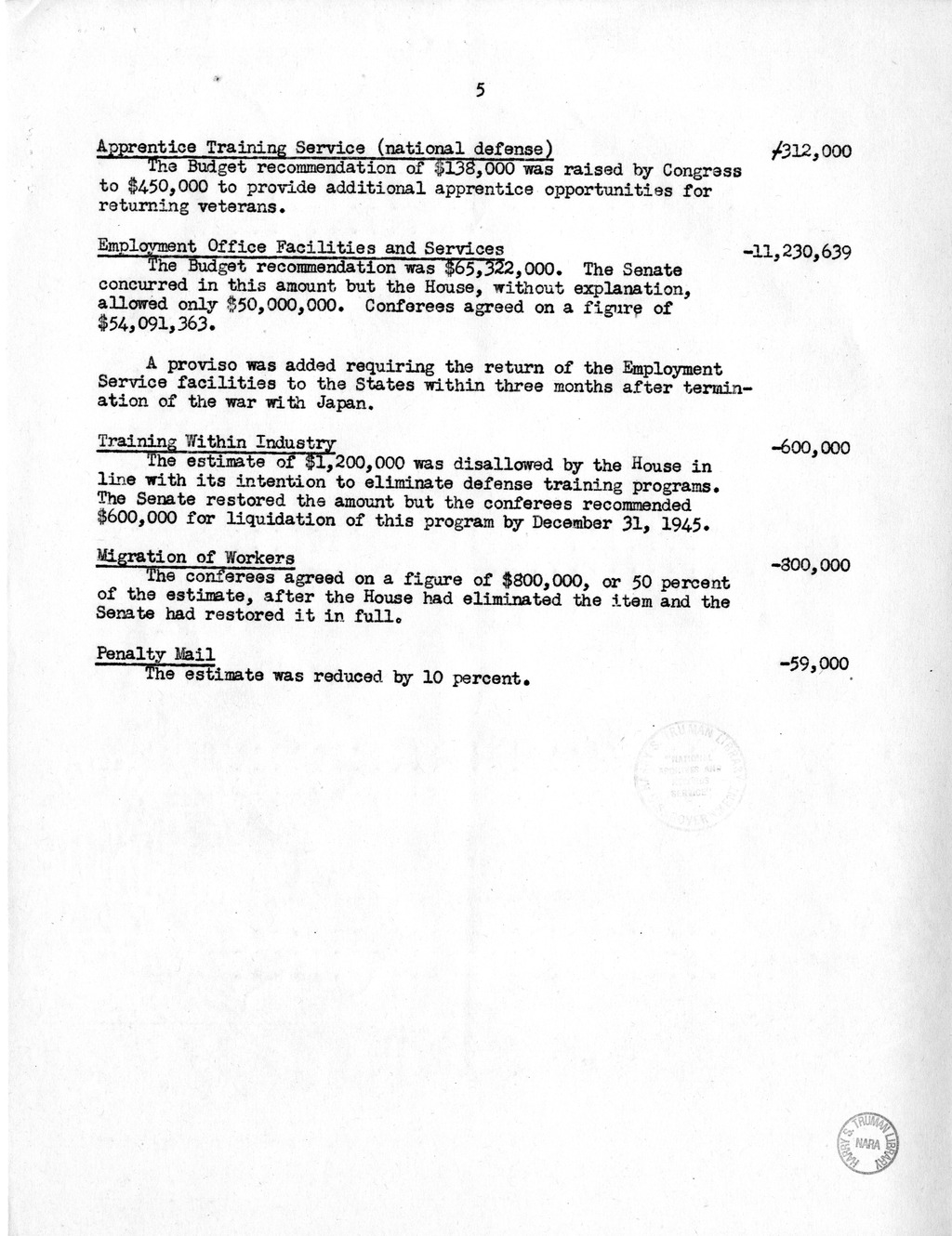 Memorandum from Harold D. Smith to M. C. Latta, H.R. 3199, Making Appropriations for the Department of Labor, the Federal Security Agency, and Related Independent Agencies, for the Fiscal Year Ending June 30, 1946, with Attachments