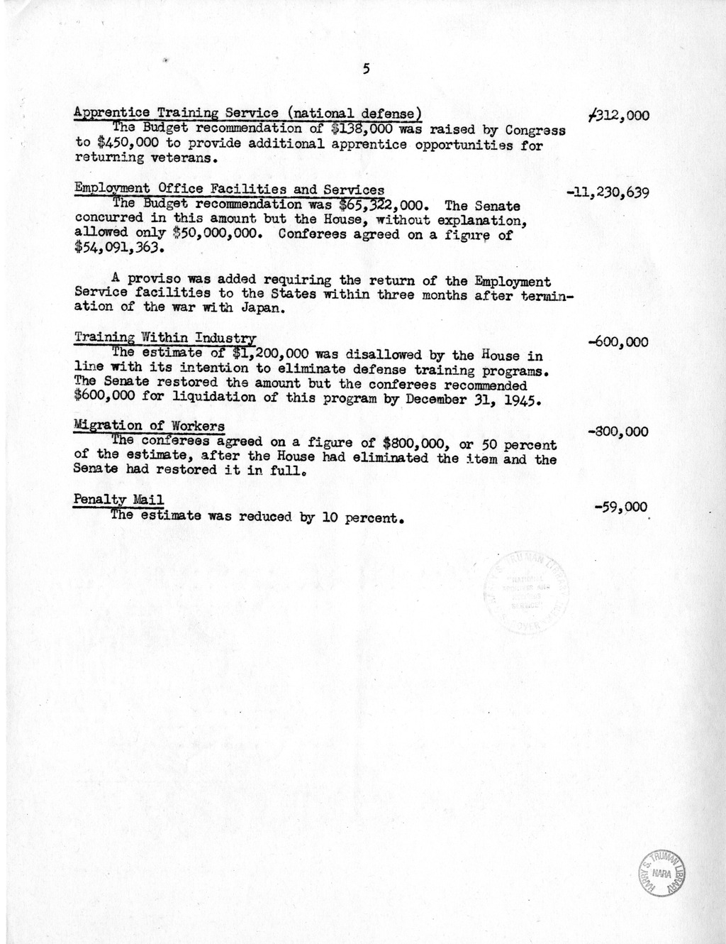 Memorandum from Harold D. Smith to M. C. Latta, H.R. 3199, Making Appropriations for the Department of Labor, the Federal Security Agency, and Related Independent Agencies, for the Fiscal Year Ending June 30, 1946, with Attachments