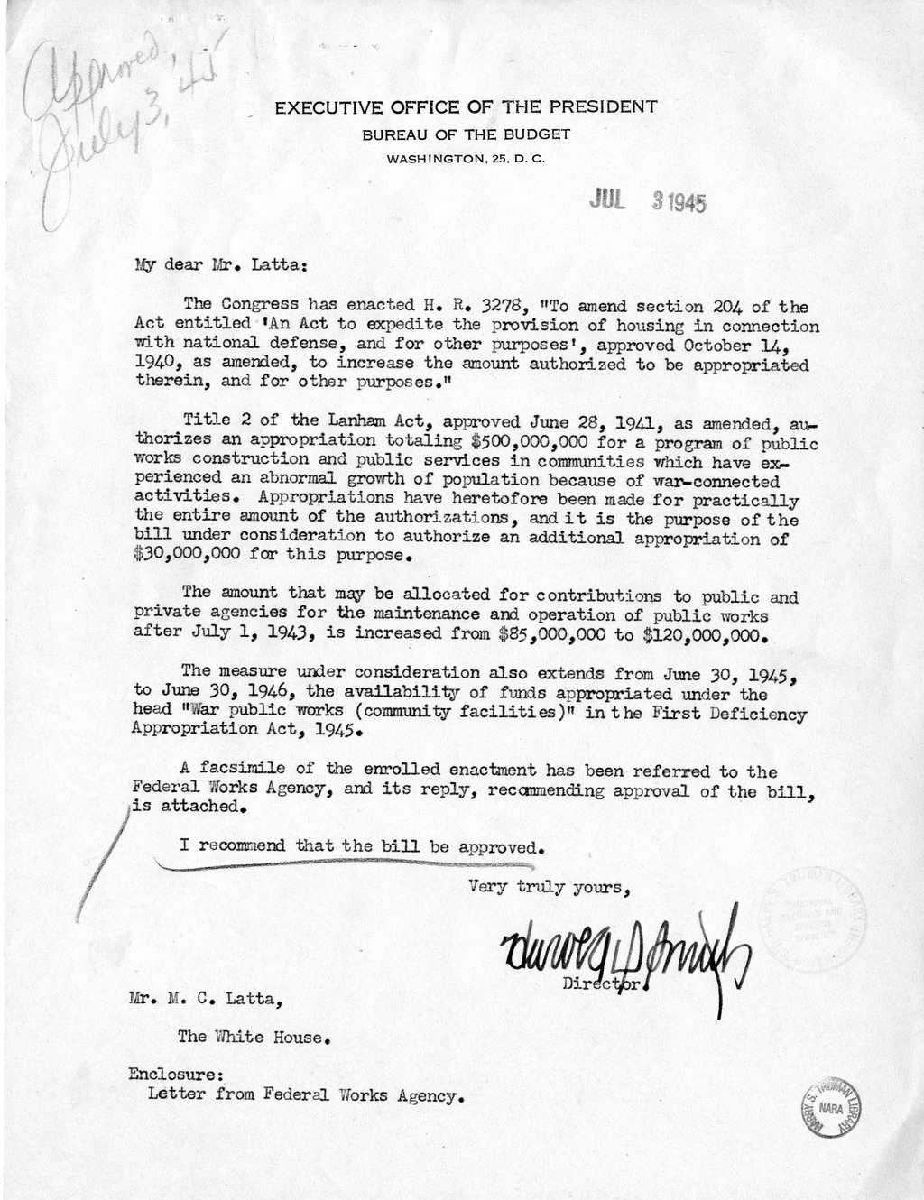 Memorandum from Harold D. Smith to M. C. Latta, H.R. 3278, To Amend an Act to Expedite the Provision of Housing in Connection with National Defense, with Attachments