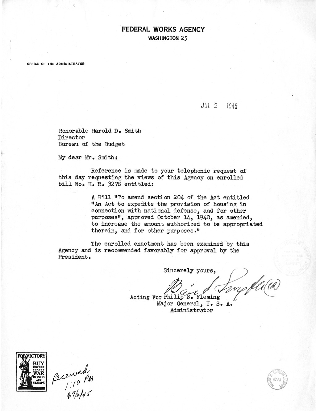 Memorandum from Harold D. Smith to M. C. Latta, H.R. 3278, To Amend an Act to Expedite the Provision of Housing in Connection with National Defense, with Attachments