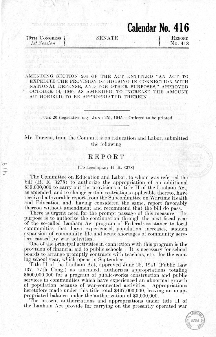 Memorandum from Harold D. Smith to M. C. Latta, H.R. 3278, To Amend an Act to Expedite the Provision of Housing in Connection with National Defense, with Attachments