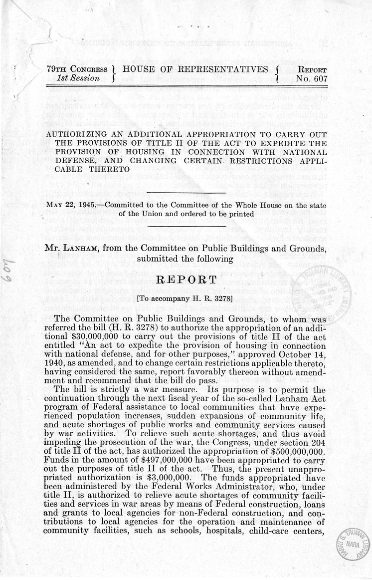 Memorandum from Harold D. Smith to M. C. Latta, H.R. 3278, To Amend an Act to Expedite the Provision of Housing in Connection with National Defense, with Attachments