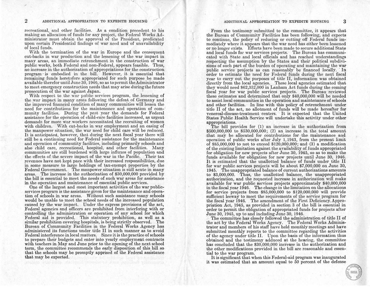 Memorandum from Harold D. Smith to M. C. Latta, H.R. 3278, To Amend an Act to Expedite the Provision of Housing in Connection with National Defense, with Attachments