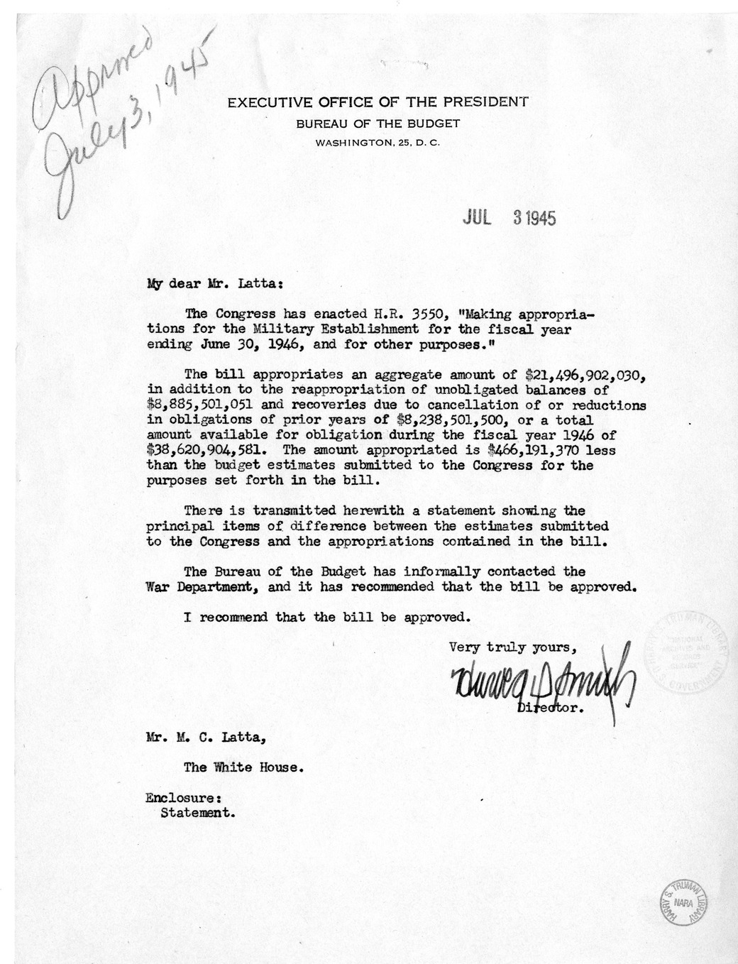 Memorandum from Harold D. Smith to M. C. Latta, H.R. 3550, Making Appropriations for the Military Establishment for the Fiscal Year Ending June 30, 1946, and for Other Purposes, with Attachments