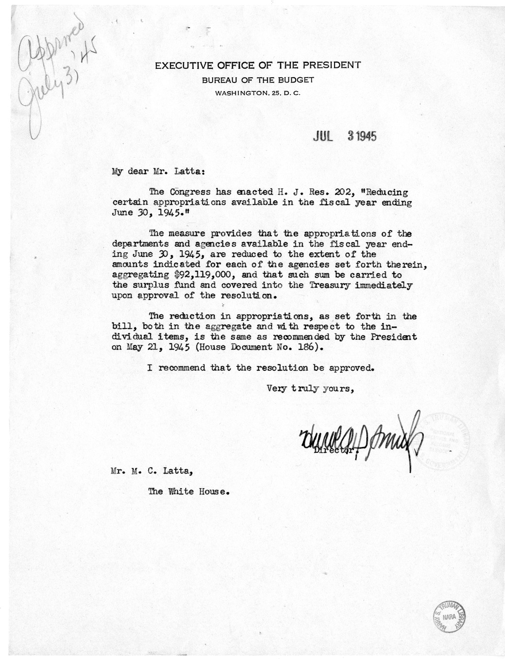 Memorandum from Harold D. Smith to M. C. Latta, H.J. Res. 202, Reducing Certain Appropriations Available in the Fiscal Year Ending June 30, 1945, with Attachments