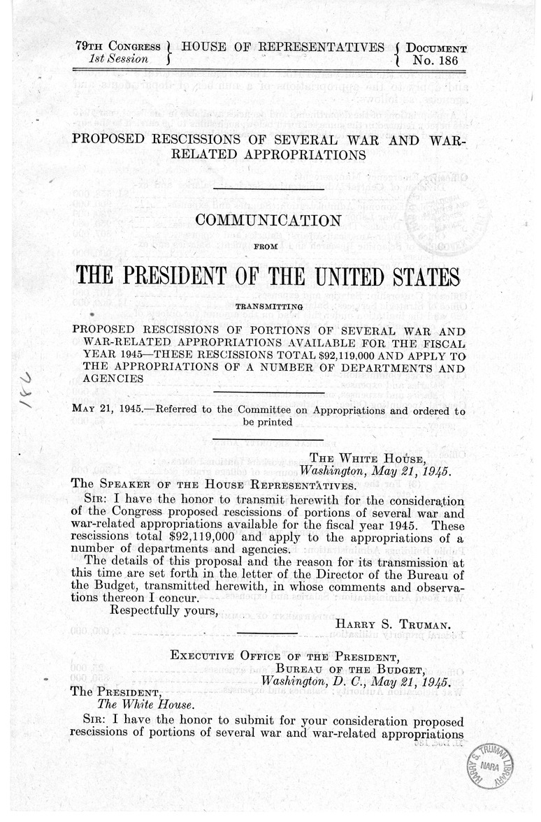 Memorandum from Harold D. Smith to M. C. Latta, H.J. Res. 202, Reducing Certain Appropriations Available in the Fiscal Year Ending June 30, 1945, with Attachments