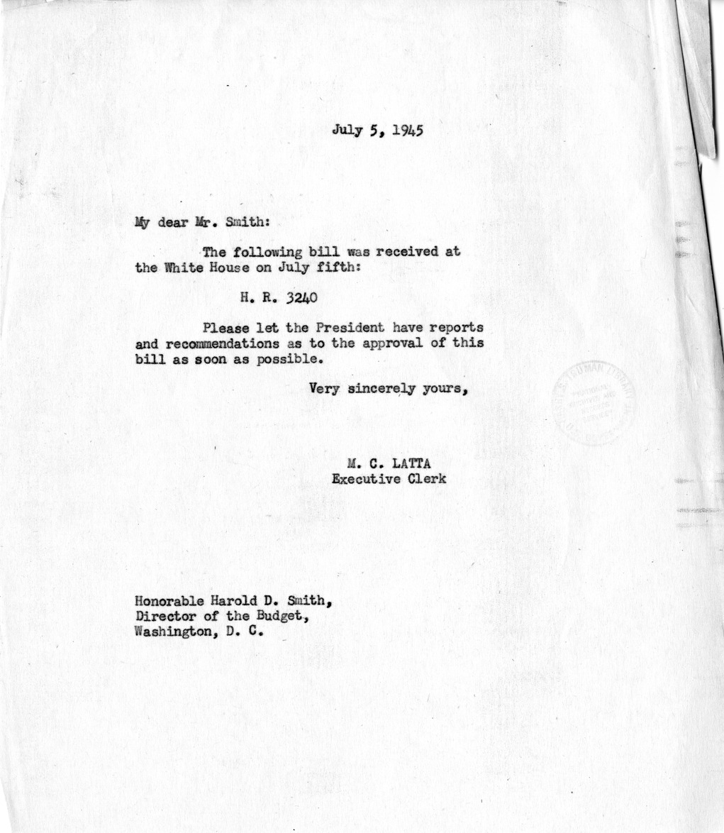 Memorandum from M. C. Latta to Harold D. Smith