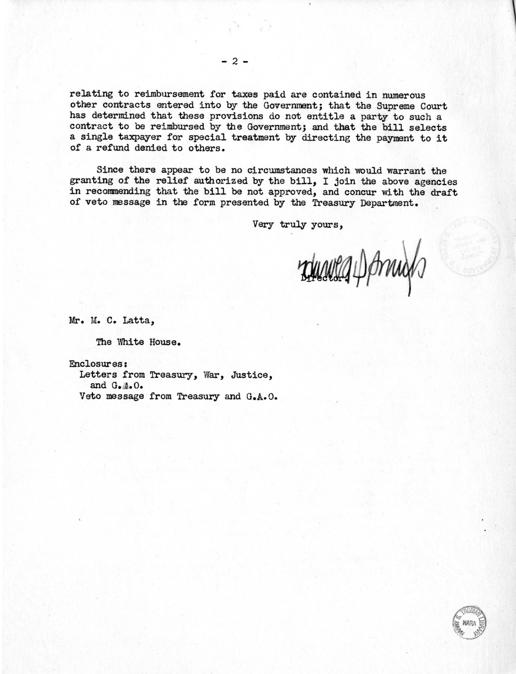 Memorandum from Harold D. Smith to M. C. Latta, H.R. 2158, For the Relief of the Cowden Manufacturing Company, with Attachments