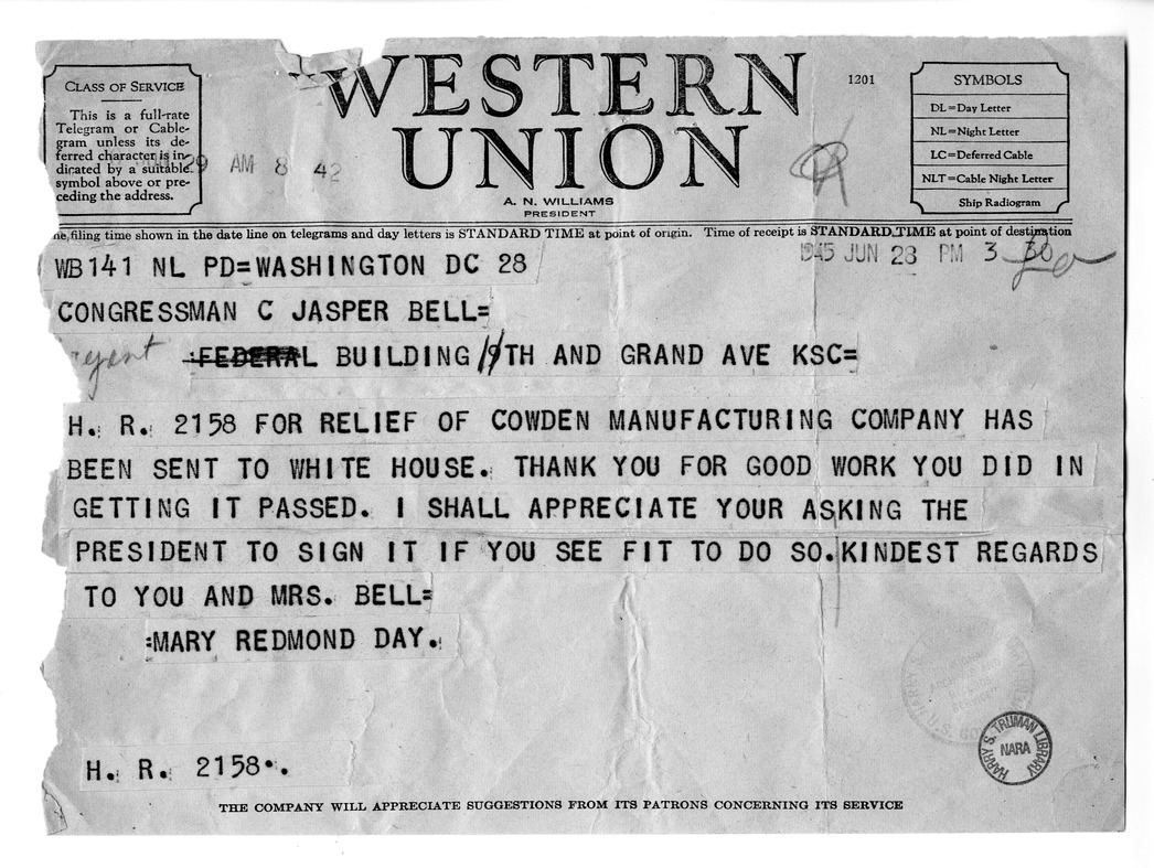 Memorandum from Harold D. Smith to M. C. Latta, H.R. 2158, For the Relief of the Cowden Manufacturing Company, with Attachments