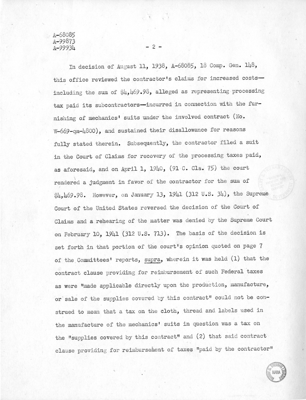 Memorandum from Harold D. Smith to M. C. Latta, H.R. 2158, For the Relief of the Cowden Manufacturing Company, with Attachments