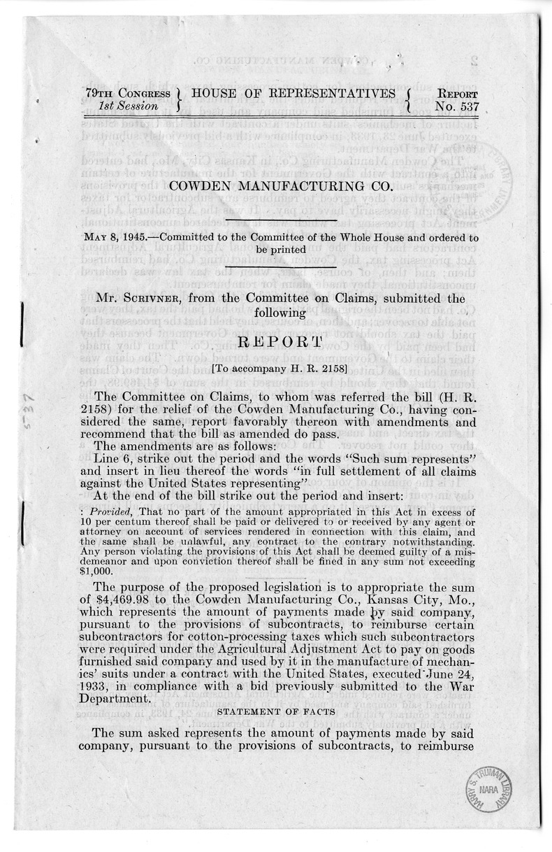 Memorandum from Harold D. Smith to M. C. Latta, H.R. 2158, For the Relief of the Cowden Manufacturing Company, with Attachments