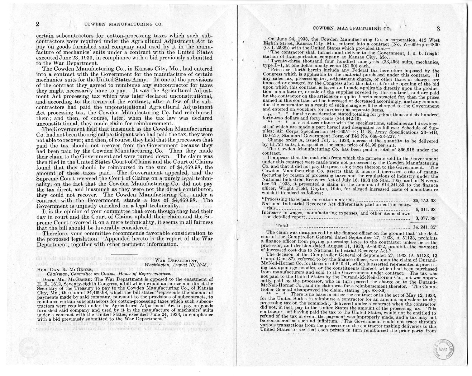 Memorandum from Harold D. Smith to M. C. Latta, H.R. 2158, For the Relief of the Cowden Manufacturing Company, with Attachments