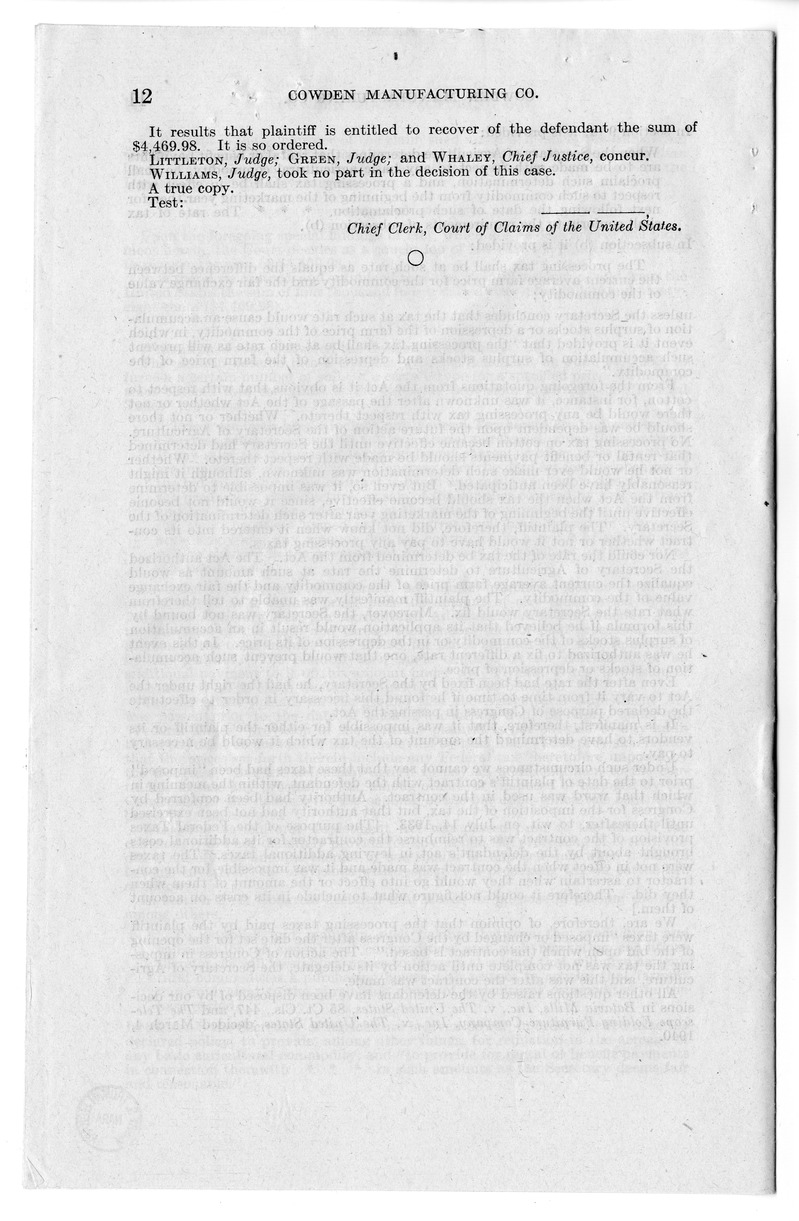 Memorandum from Harold D. Smith to M. C. Latta, H.R. 2158, For the Relief of the Cowden Manufacturing Company, with Attachments