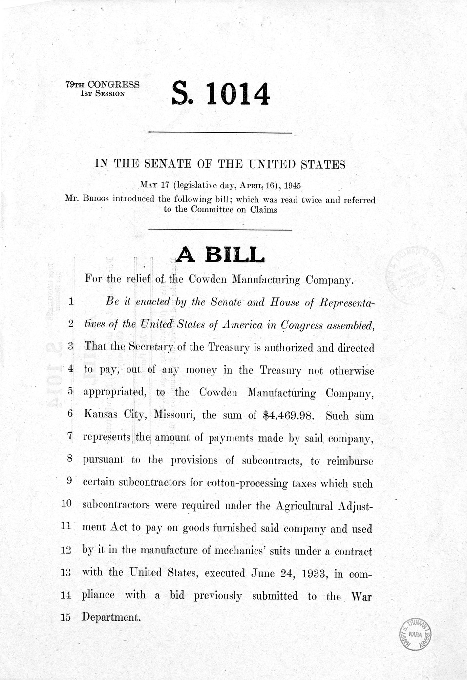 Memorandum from Harold D. Smith to M. C. Latta, H.R. 2158, For the Relief of the Cowden Manufacturing Company, with Attachments
