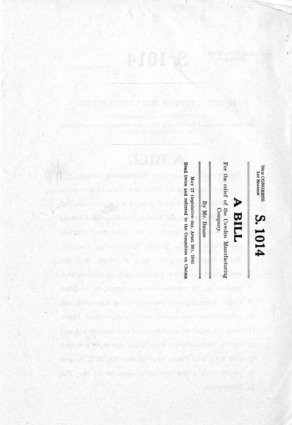 Memorandum from Harold D. Smith to M. C. Latta, H.R. 2158, For the Relief of the Cowden Manufacturing Company, with Attachments