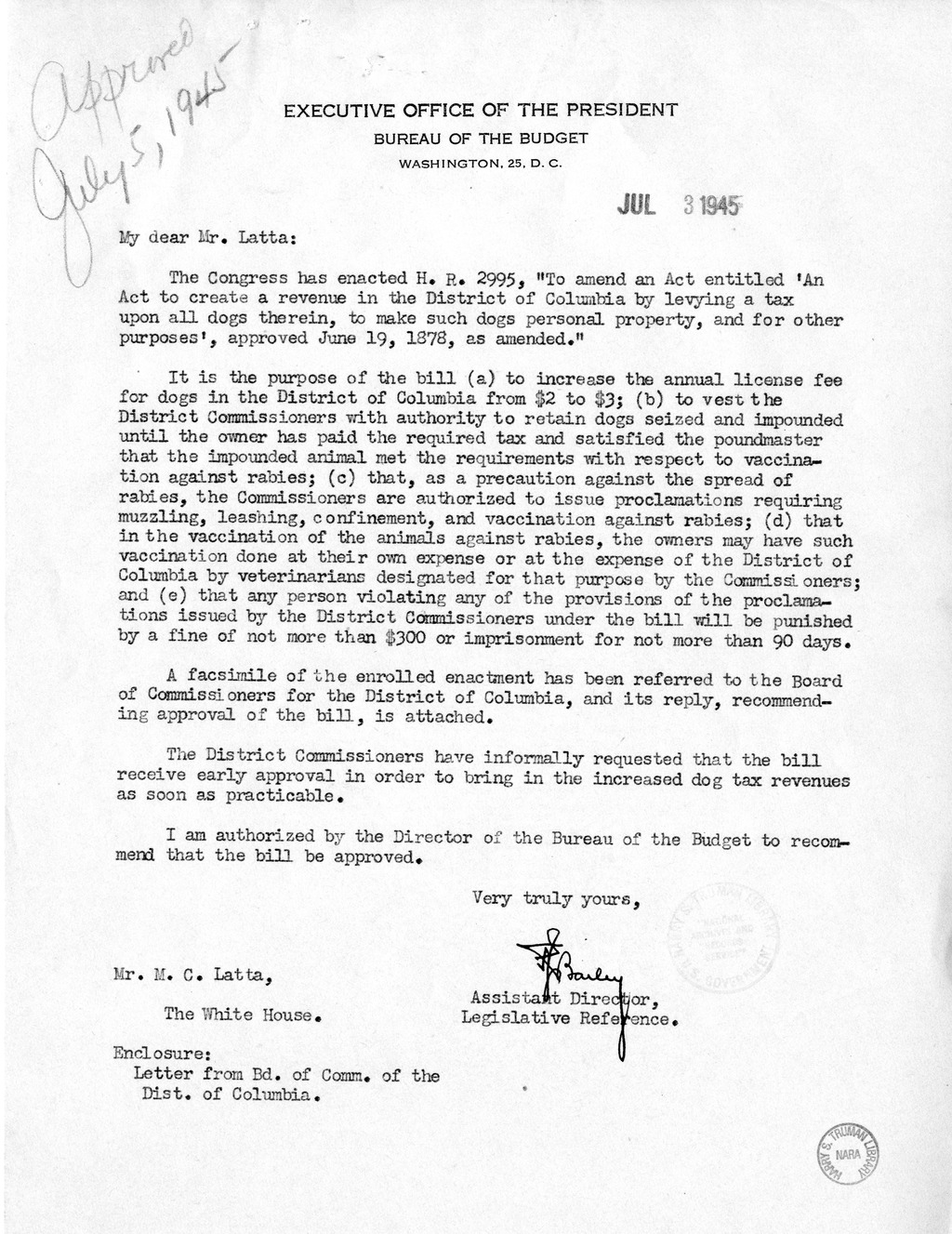 Memorandum from Frederick Bailey to M. C. Latta, H.R. 2995, To Amend An Act to Create a Revenue in the District of Columbia by Levying a Tax Upon all Dogs Therein, to Make Such Dogs Personal Property, and for Other Purposes, with Attachments