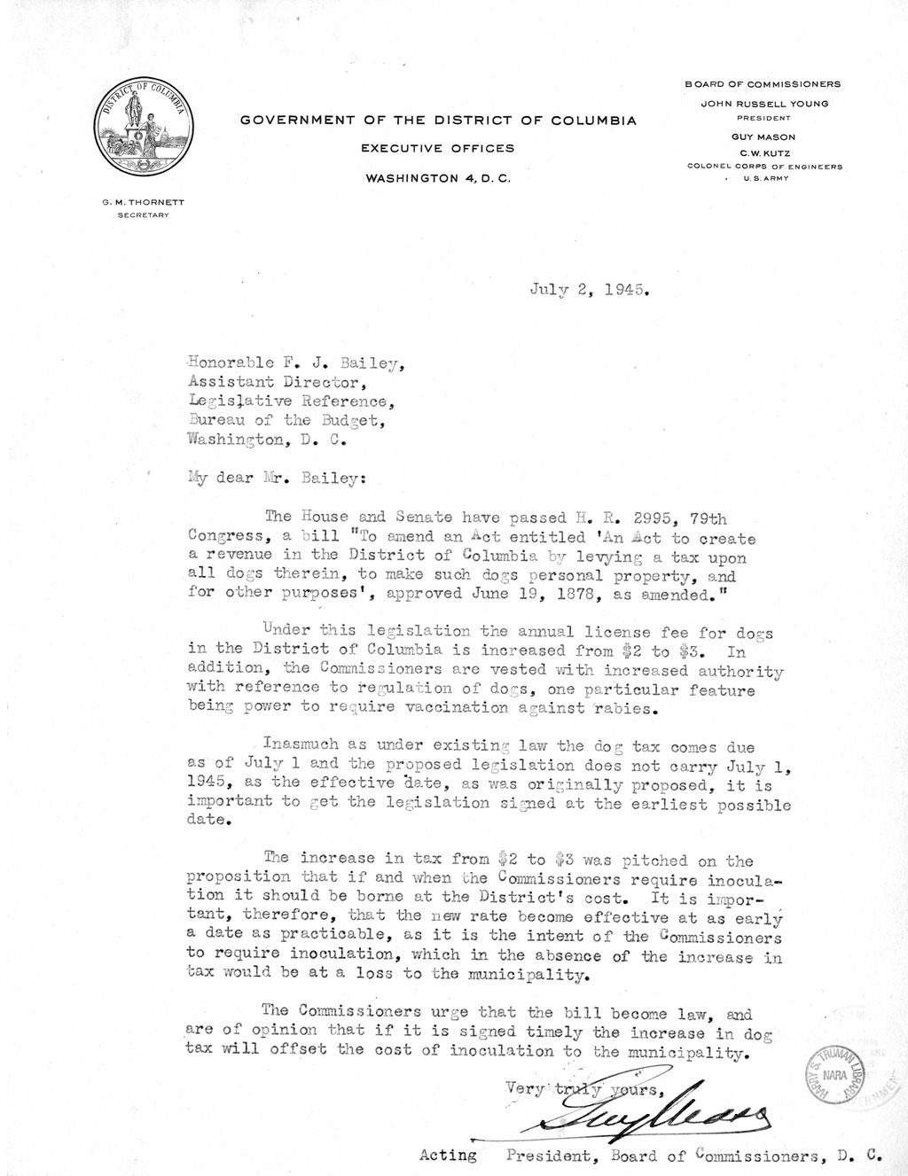 Memorandum from Frederick Bailey to M. C. Latta, H.R. 2995, To Amend An Act to Create a Revenue in the District of Columbia by Levying a Tax Upon all Dogs Therein, to Make Such Dogs Personal Property, and for Other Purposes, with Attachments