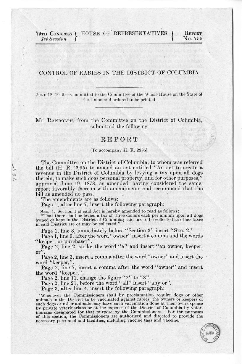 Memorandum from Frederick Bailey to M. C. Latta, H.R. 2995, To Amend An Act to Create a Revenue in the District of Columbia by Levying a Tax Upon all Dogs Therein, to Make Such Dogs Personal Property, and for Other Purposes, with Attachments