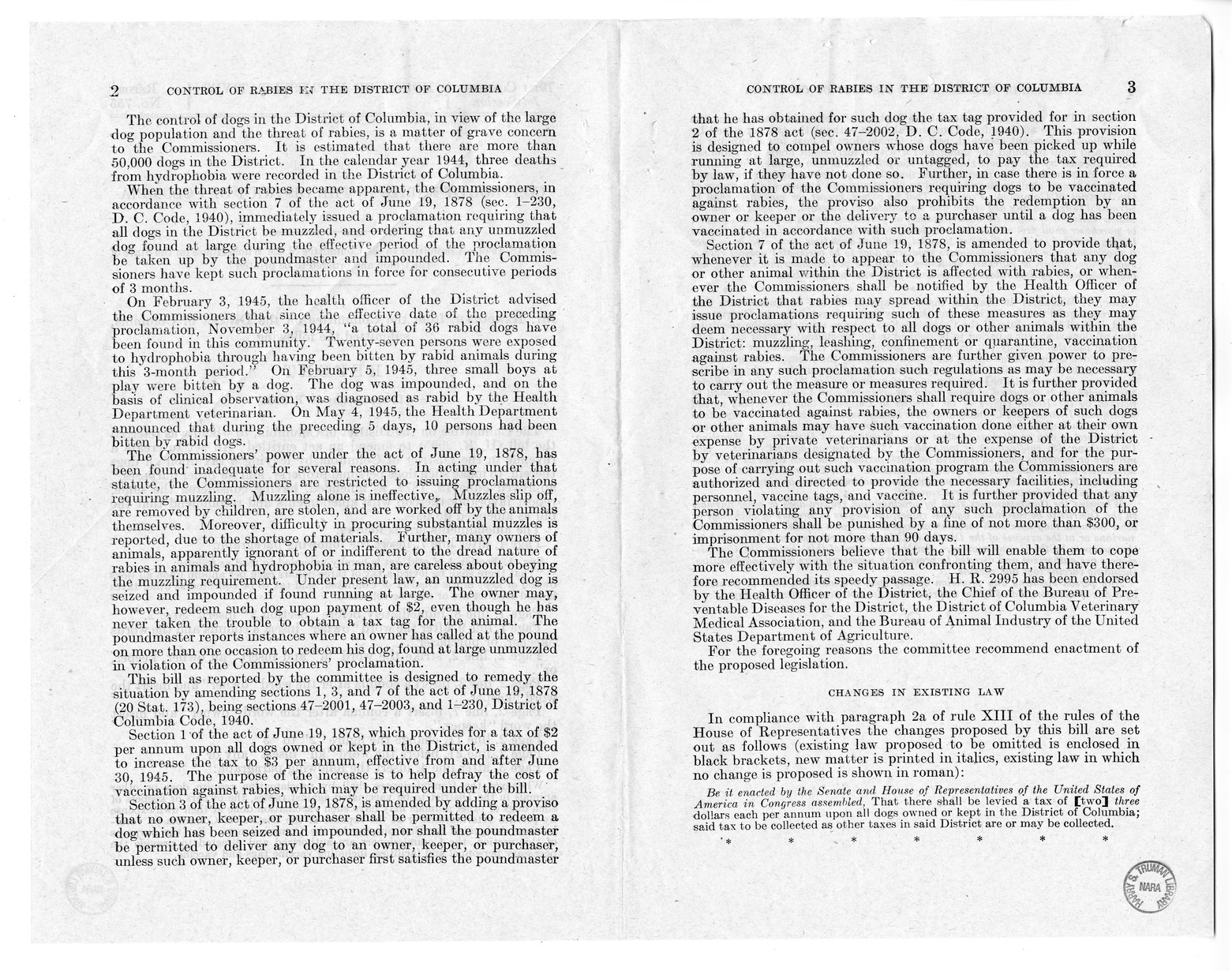 Memorandum from Frederick Bailey to M. C. Latta, H.R. 2995, To Amend An Act to Create a Revenue in the District of Columbia by Levying a Tax Upon all Dogs Therein, to Make Such Dogs Personal Property, and for Other Purposes, with Attachments