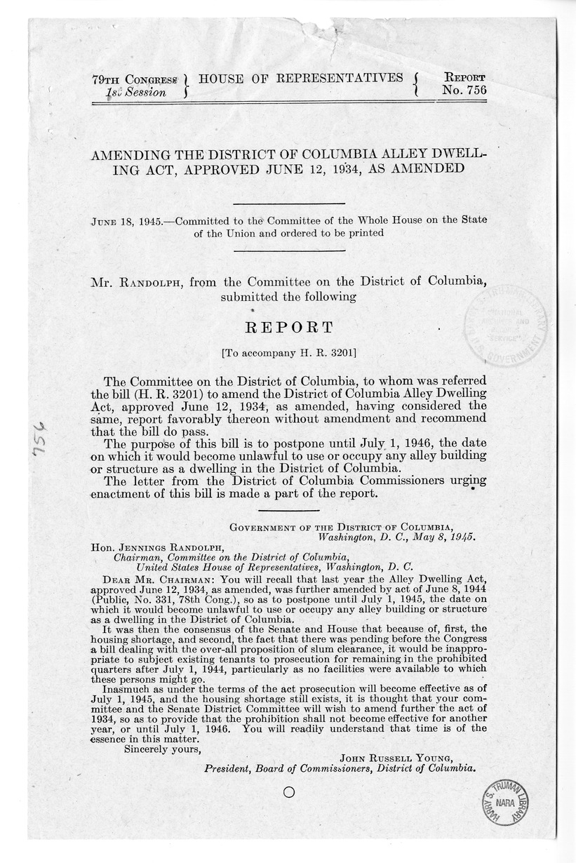 Memorandum from Frederick Bailey to M. C. Latta, H.R. 3201, To Amend the District of Columbia Alley Dwelling Act, with Attachments