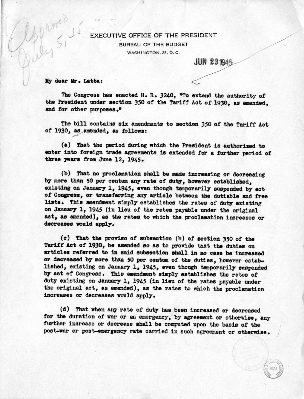 Memorandum from Harold D. Smith to M. C. Latta, H.R. 3240, to Extend the Authority of the President Under Section 350 of the Tariff Act of 1930, with Attachments