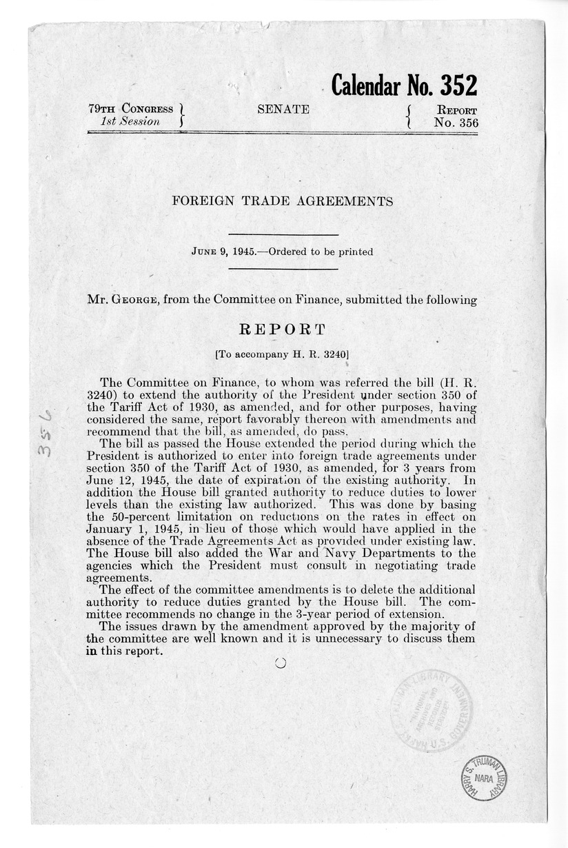 Memorandum from Harold D. Smith to M. C. Latta, H.R. 3240, to Extend the Authority of the President Under Section 350 of the Tariff Act of 1930, with Attachments