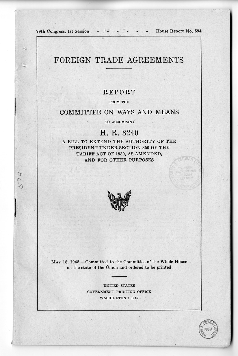 Memorandum from Harold D. Smith to M. C. Latta, H.R. 3240, to Extend the Authority of the President Under Section 350 of the Tariff Act of 1930, with Attachments